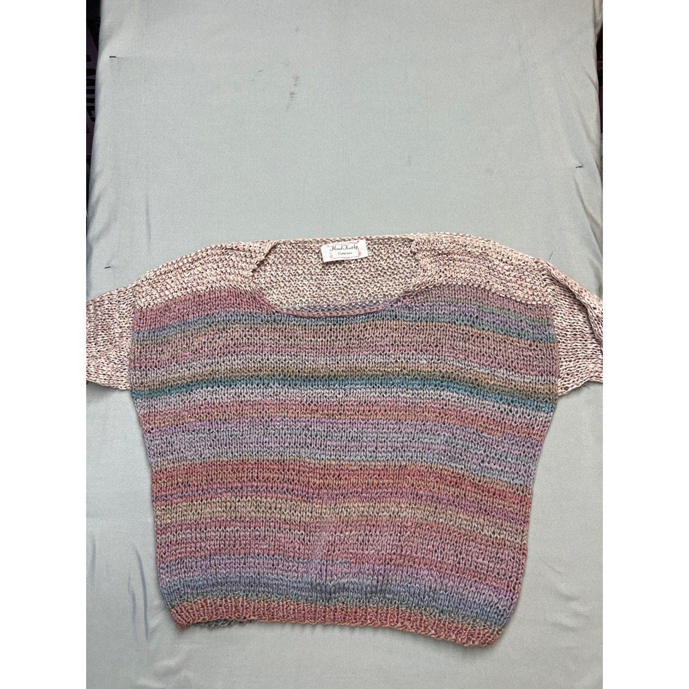 Hand Knit by Guinevere Multi Color Striped Open Knit Boxy Sweater Top Womens
